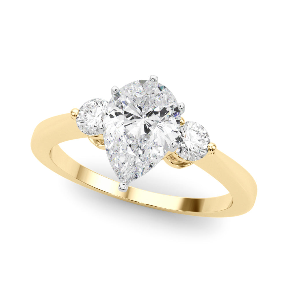 LUMEO Pear Three Stone Diamond Engagement Ring Front View in 18k Solid Yellow Gold 