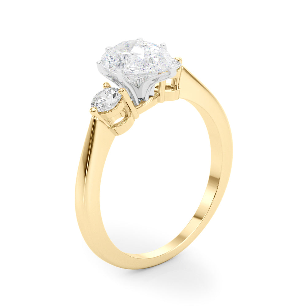 LUMEO Pear Three Stone Diamond Engagement Ring Angle View in 18k Solid Yellow Gold 