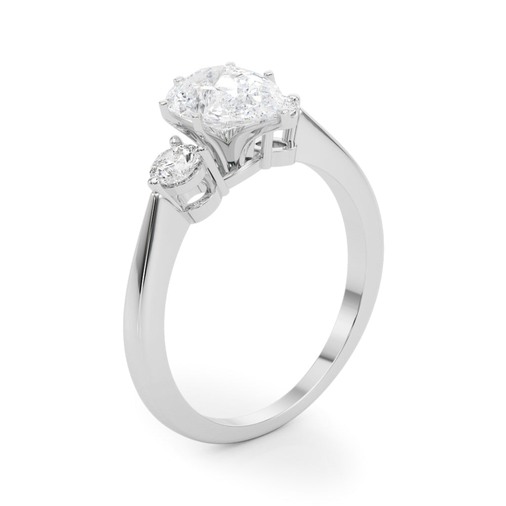 LUMEO Pear Three Stone Diamond Engagement Ring Angle View in Platinum 