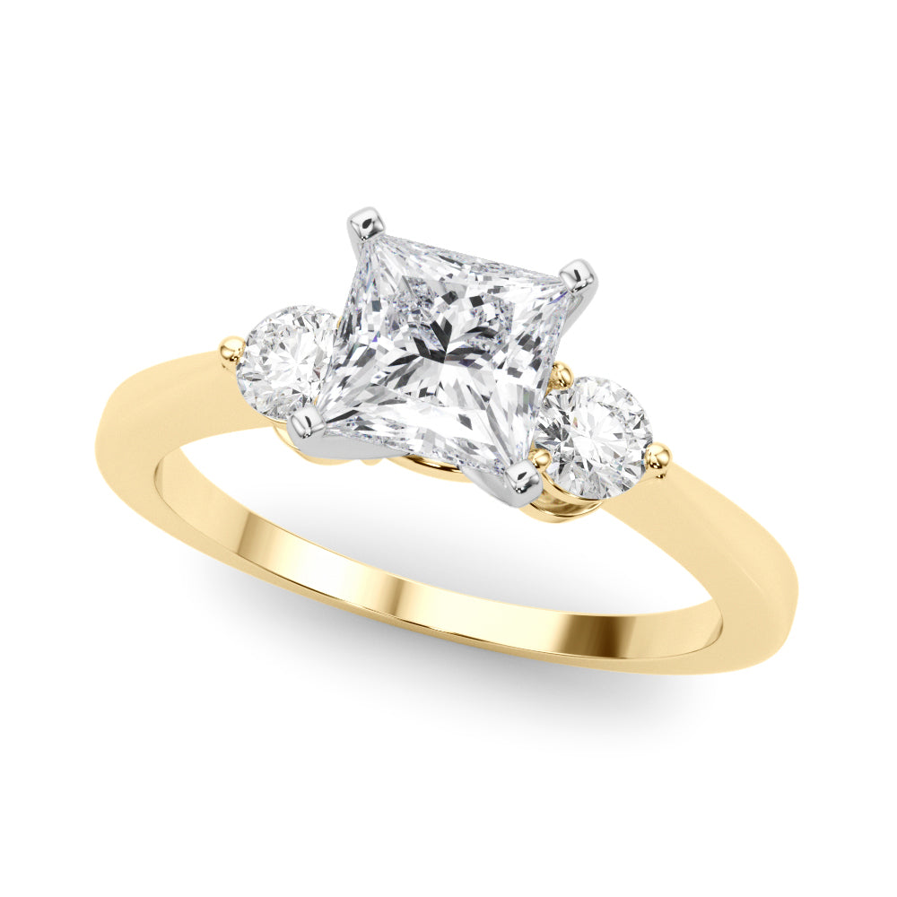 LUMEO Princess Three Stone Diamond Engagement Ring Front View in 18k Solid Yellow Gold 
