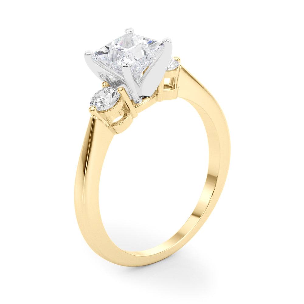 LUMEO Princess Three Stone Diamond Engagement Ring Angle View in 18k Solid Yellow Gold 