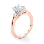 LUMEO Princess Three Stone Diamond Engagement Ring Angle View in 18k Solid Rose Gold 