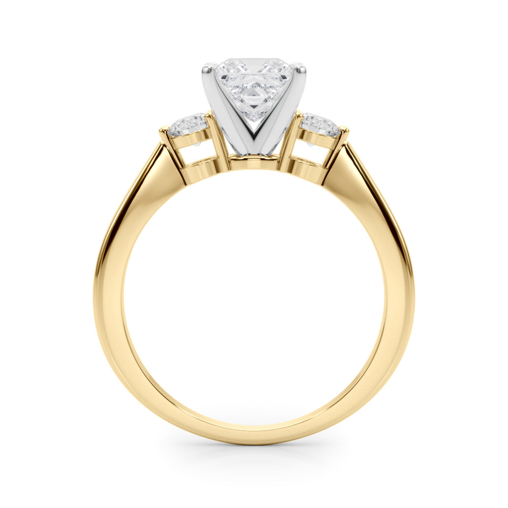 LUMEO Princess Three Stone Diamond Engagement Ring Side View in 18k Solid Yellow Gold 
