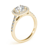 LUMEO Round Halo Diamond Engagement Ring Angle View in 18k Solid Yellow Gold 