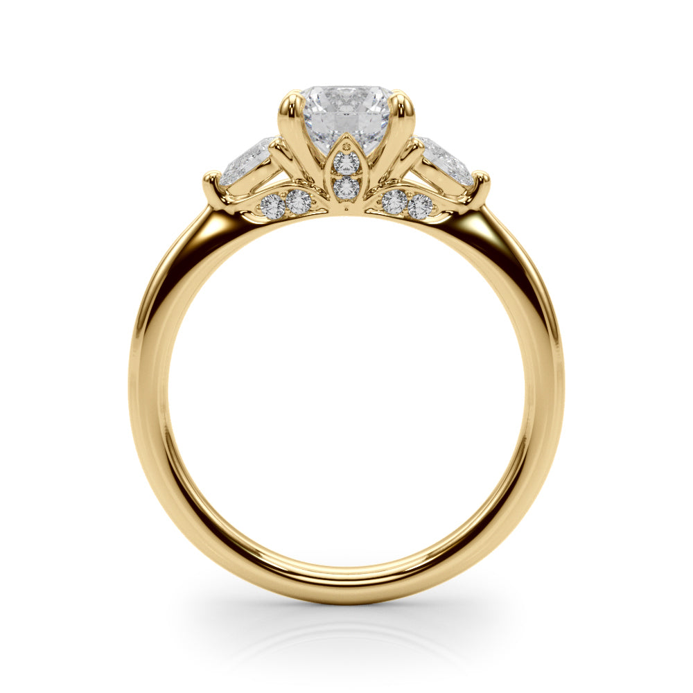 LUMEO Round Three Stone Diamond Engagement Ring Side View in 18k Solid Yellow Gold 