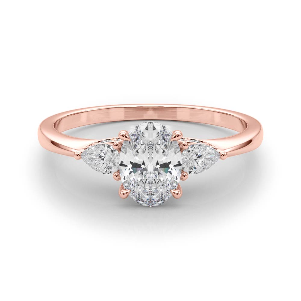 LUMEO Oval Three Stone Diamond Engagement Ring Set in 18k Solid Rose Gold 