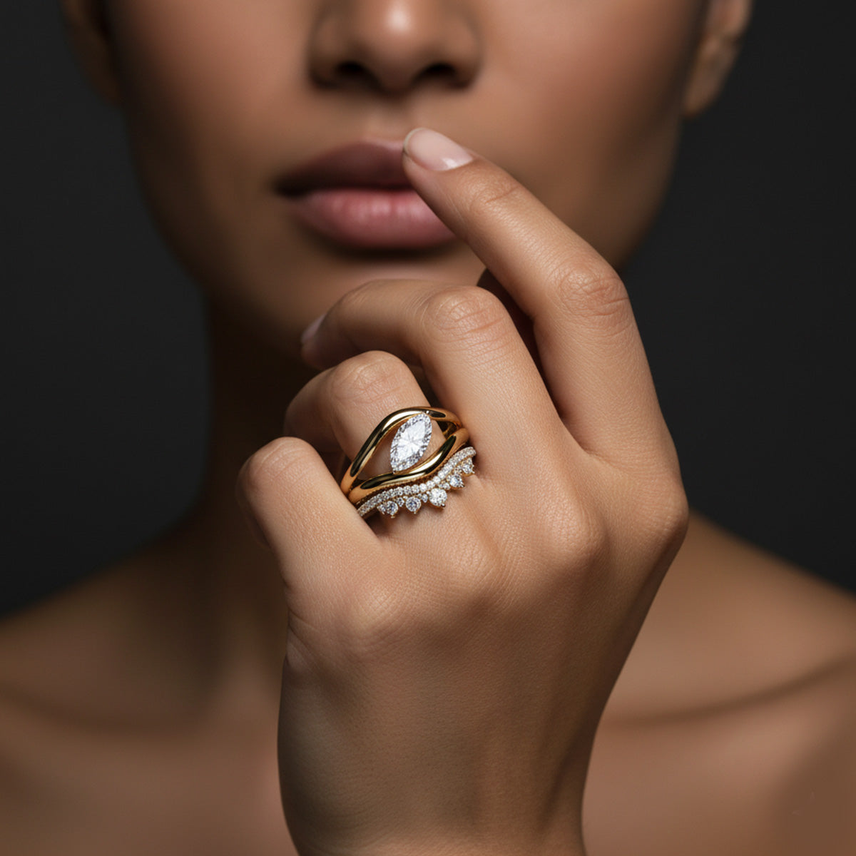 LUMEO Kendra Chevron Wedding Band in 18k Solid Yellow Gold on model