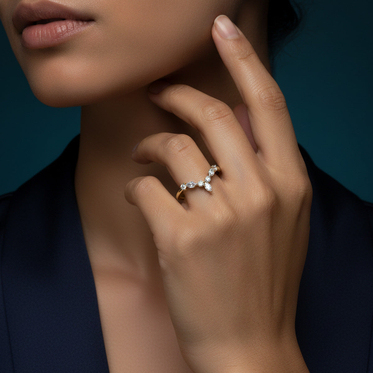 LUMEO THALIA Chevron Wedding Band in 18k Solid Yellow Gold on model