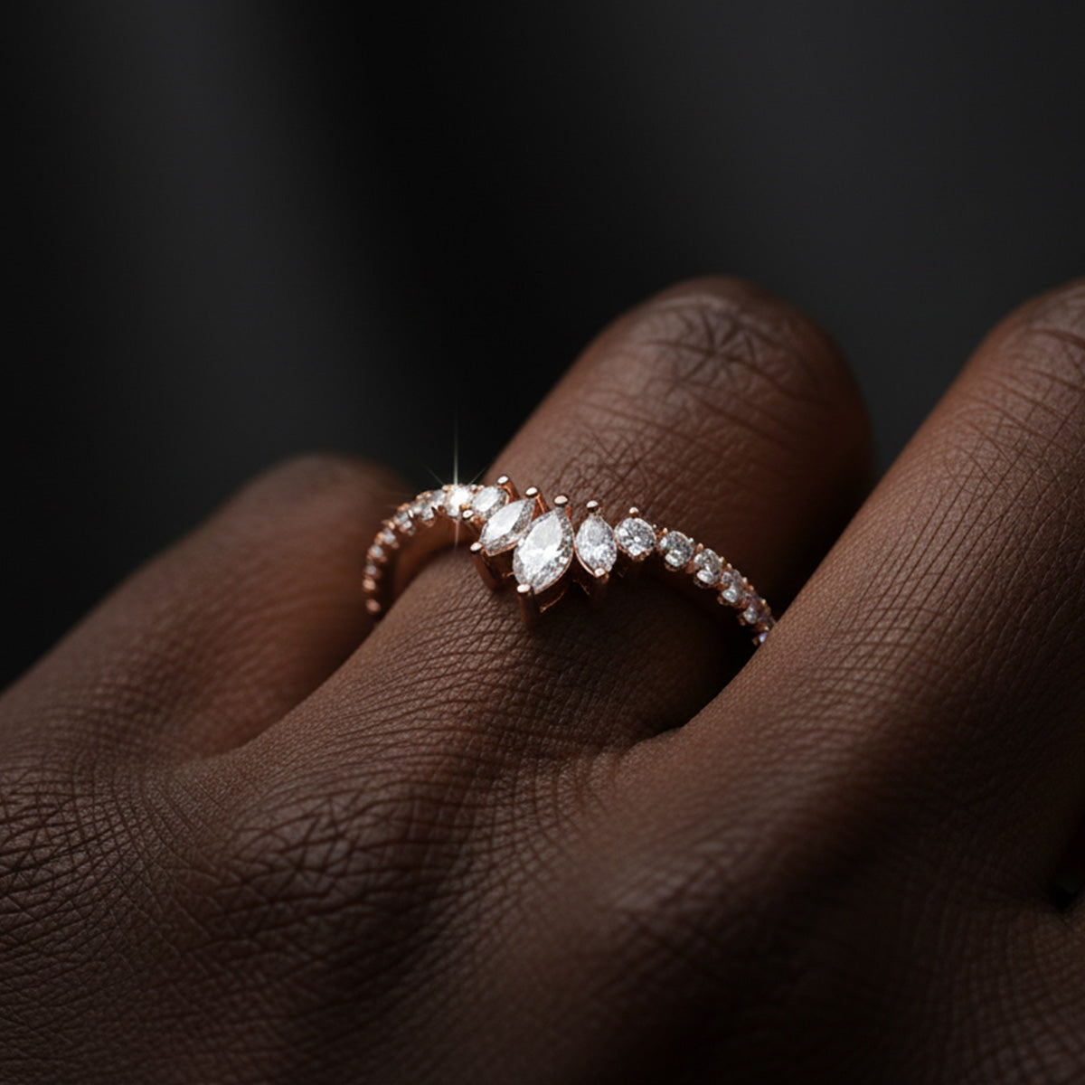 LUMEO Keira Chevron Wedding Band in 18k Solid Rose Gold on model