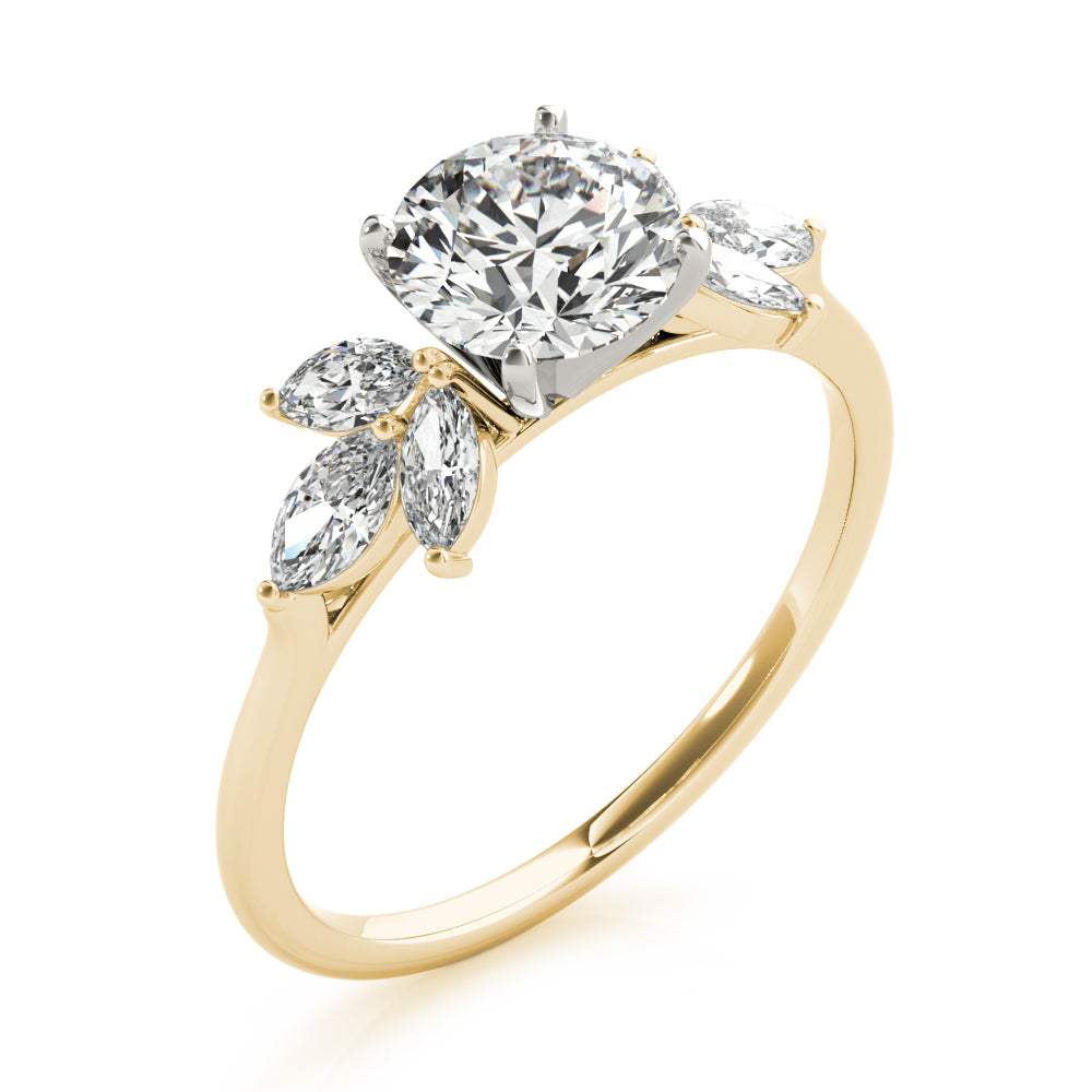 LUMEO Round Three Stone Diamond Engagement Ring Angle View in 18k Solid Yellow Gold 