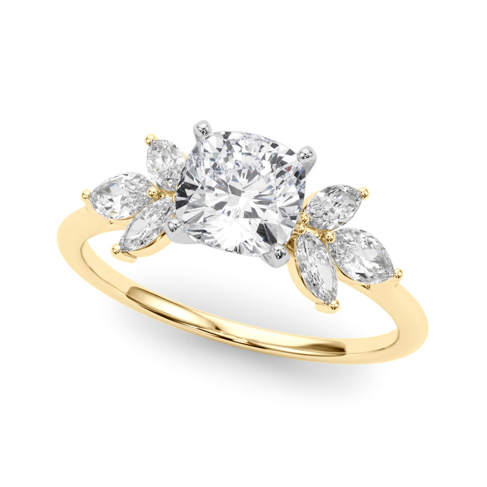 LUMEO Cushion Three Stone Diamond Engagement Ring Front View in 18k Solid Yellow Gold 