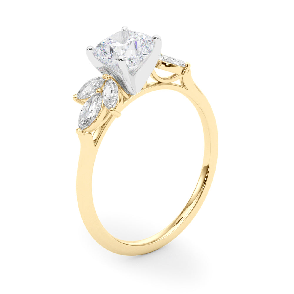 LUMEO Cushion Three Stone Diamond Engagement Ring Angle View in 18k Solid Yellow Gold 