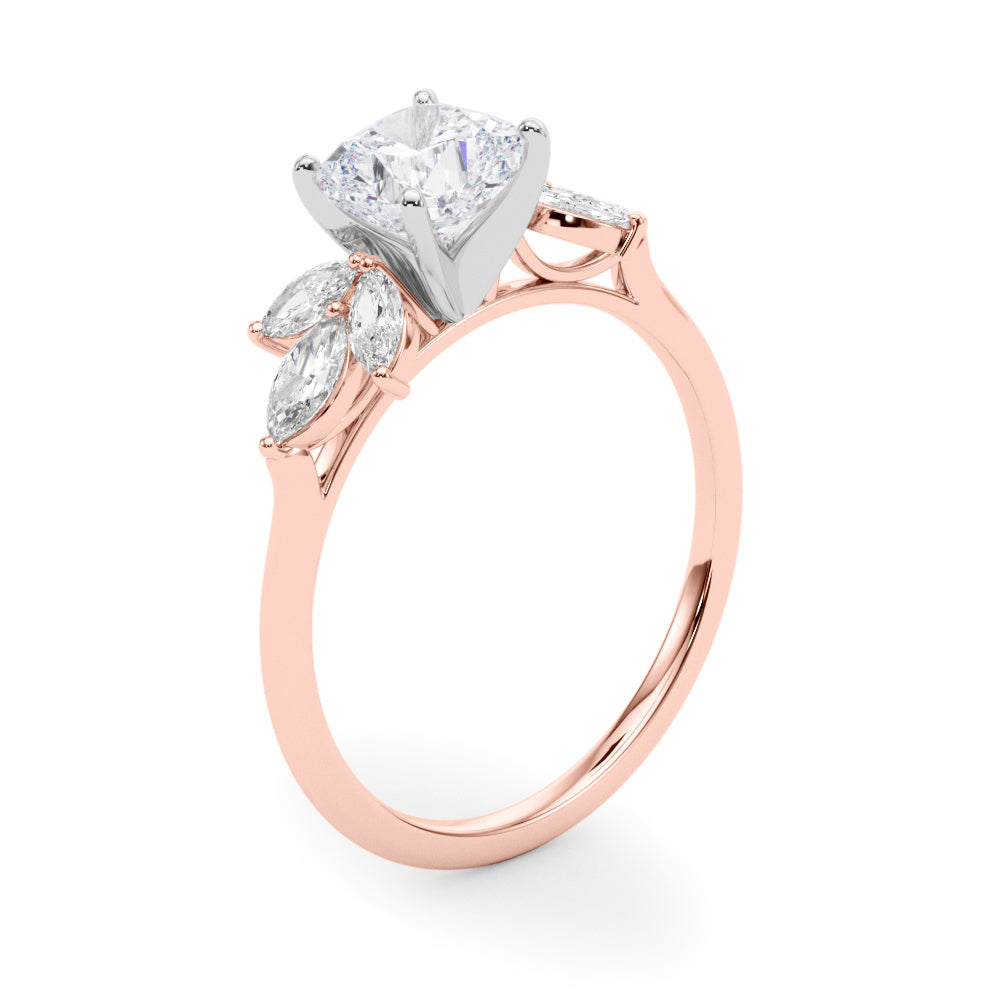 LUMEO Cushion Three Stone Diamond Engagement Ring Angle View in 18k Solid Rose Gold 