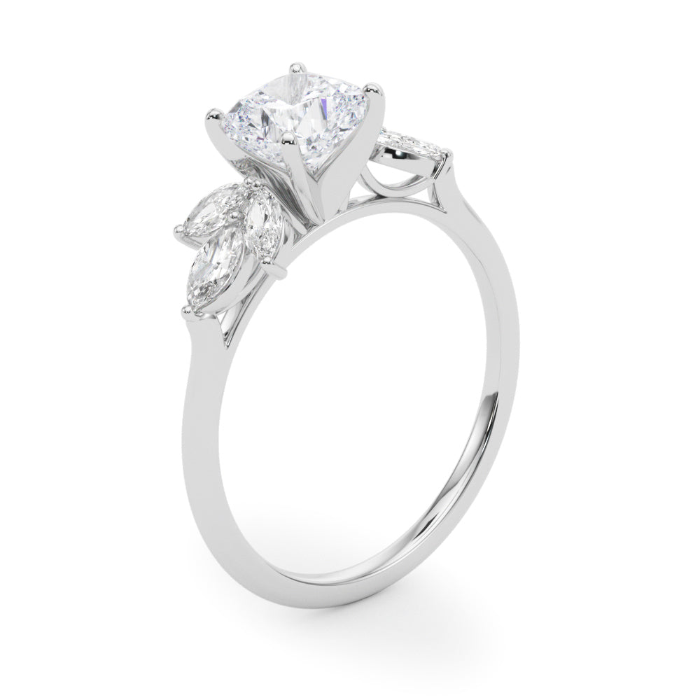 LUMEO Cushion Three Stone Diamond Engagement Ring Angle View in Platinum 