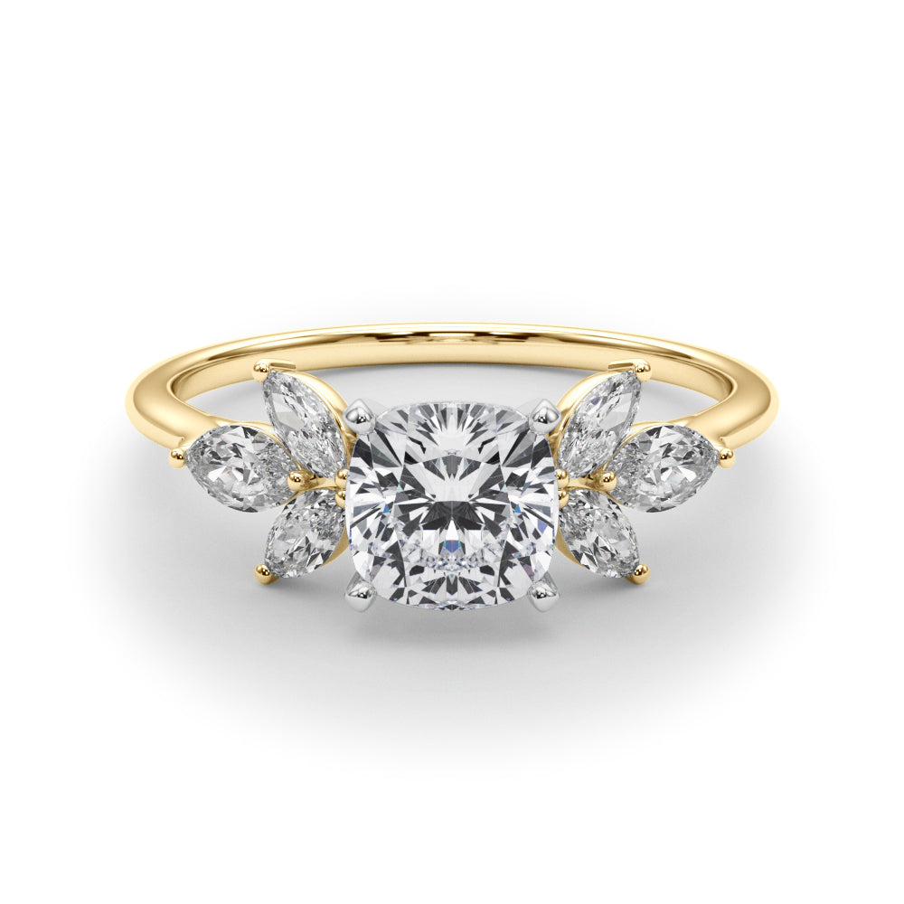 LUMEO Cushion Three Stone Diamond Engagement Ring Set in 18k Solid Yellow Gold 