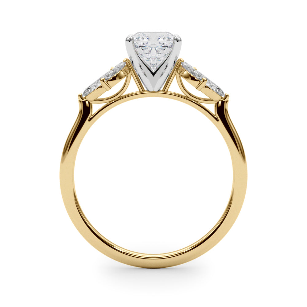 LUMEO Cushion Three Stone Diamond Engagement Ring Side View in 18k Solid Yellow Gold 