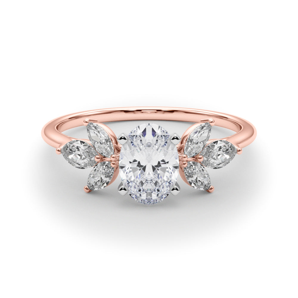 LUMEO Oval Three Stone Diamond Engagement Ring Set in 18k Solid Rose Gold 