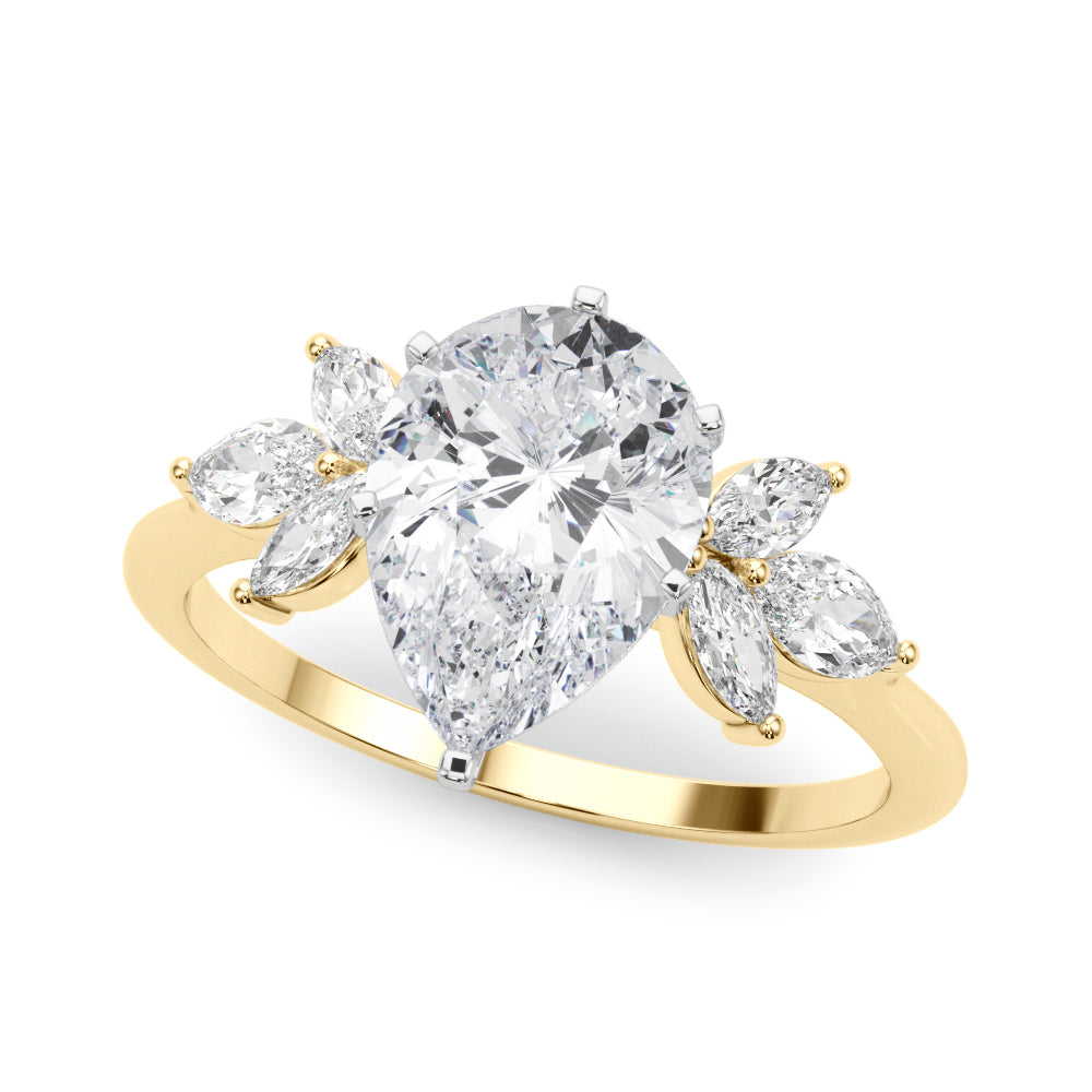LUMEO Pear Three Stone Diamond Engagement Ring Front View in 18k Solid Yellow Gold 
