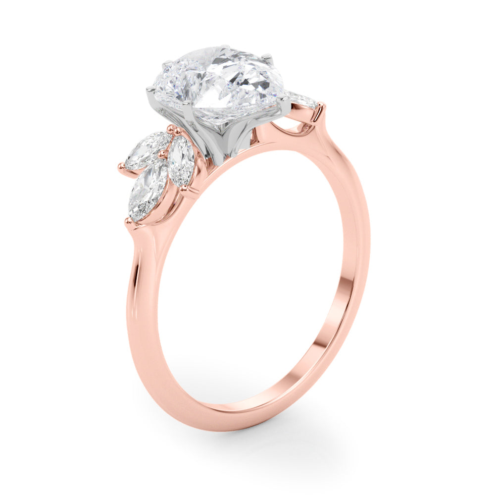 LUMEO Pear Three Stone Diamond Engagement Ring Angle View in 18k Solid Rose Gold 