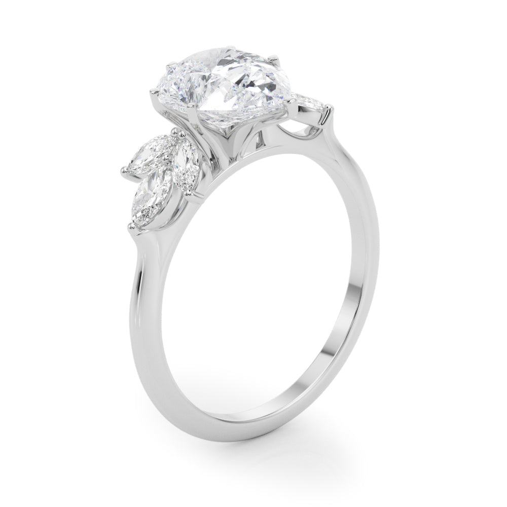 LUMEO Pear Three Stone Diamond Engagement Ring Angle View in Platinum 