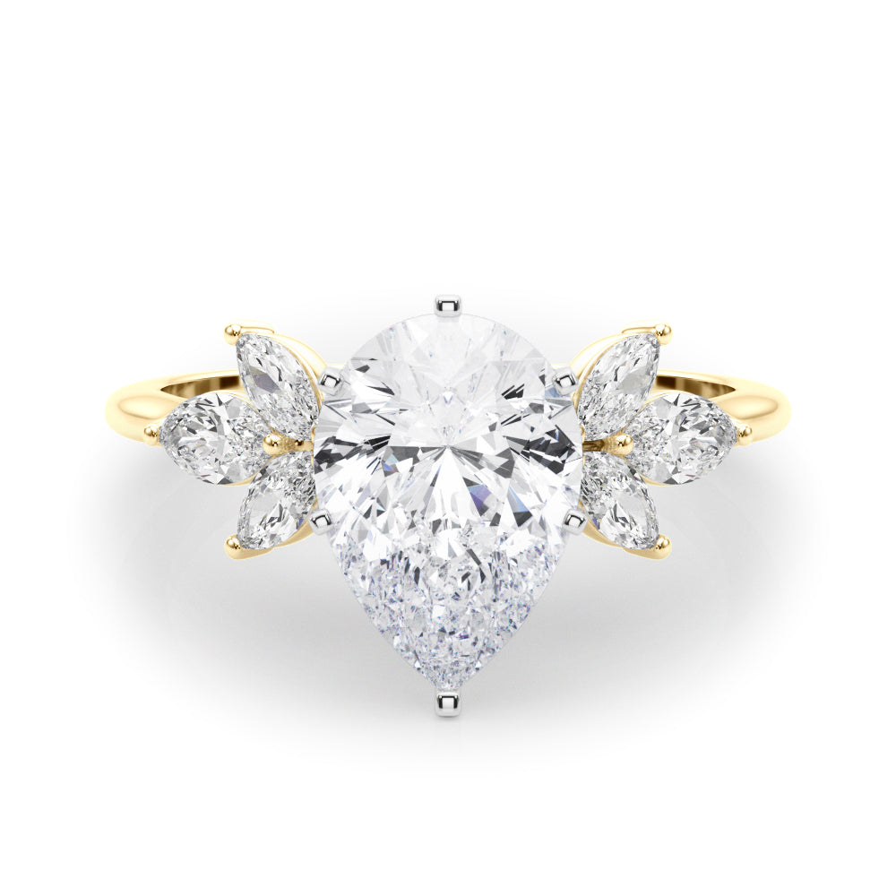 LUMEO Pear Three Stone Diamond Engagement Ring Set in 18k Solid Yellow Gold 