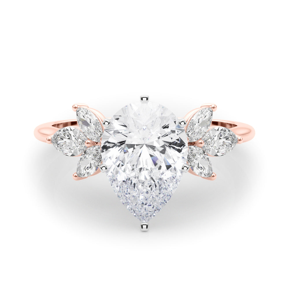 LUMEO Pear Three Stone Diamond Engagement Ring Set in 18k Solid Rose Gold 