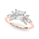 LUMEO Princess Three Stone Diamond Engagement Ring Front View in 18k Solid Rose Gold 