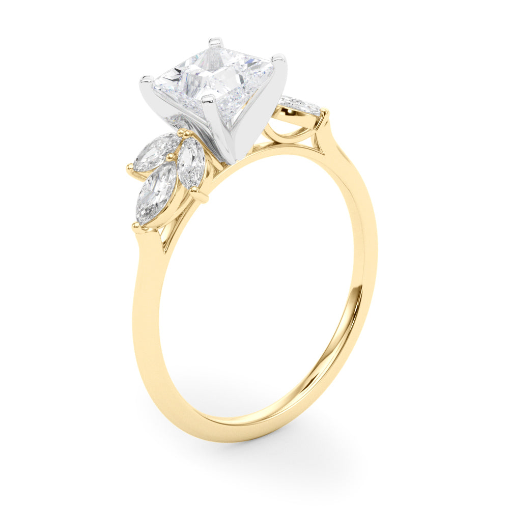LUMEO Princess Three Stone Diamond Engagement Ring Angle View in 18k Solid Yellow Gold 