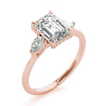 LUMEO Emerald Three Stone Diamond Engagement Ring Angle View in 18k Solid Rose Gold 