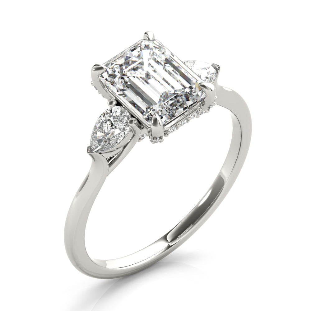 LUMEO Emerald Three Stone Diamond Engagement Ring Angle View in Platinum 
