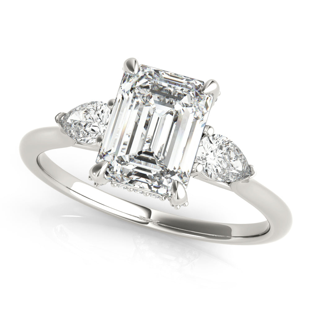LUMEO Emerald Three Stone Diamond Engagement Ring Front View in Platinum 