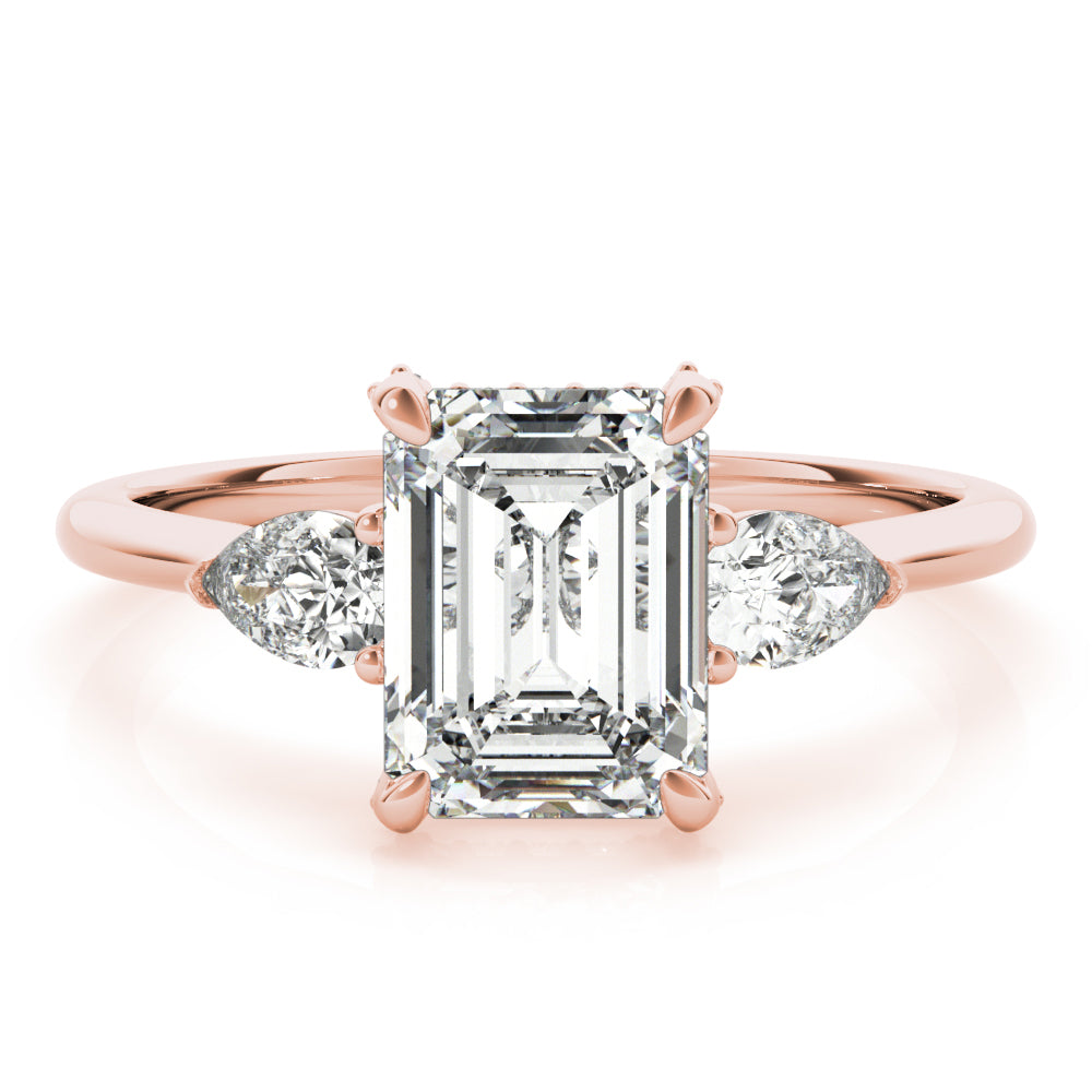 LUMEO Emerald Three Stone Diamond Engagement Ring Set in 18k Solid Rose Gold 