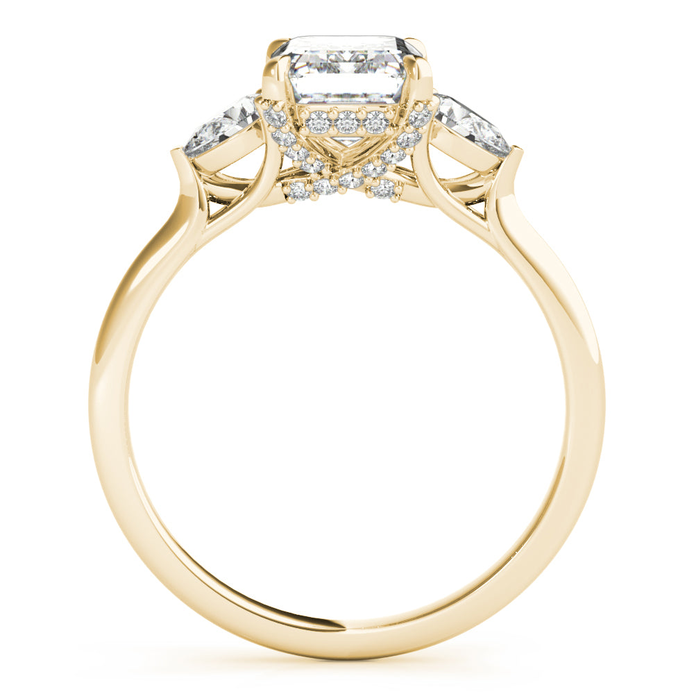 LUMEO Emerald Three Stone Diamond Engagement Ring Side View in 18k Solid Yellow Gold 