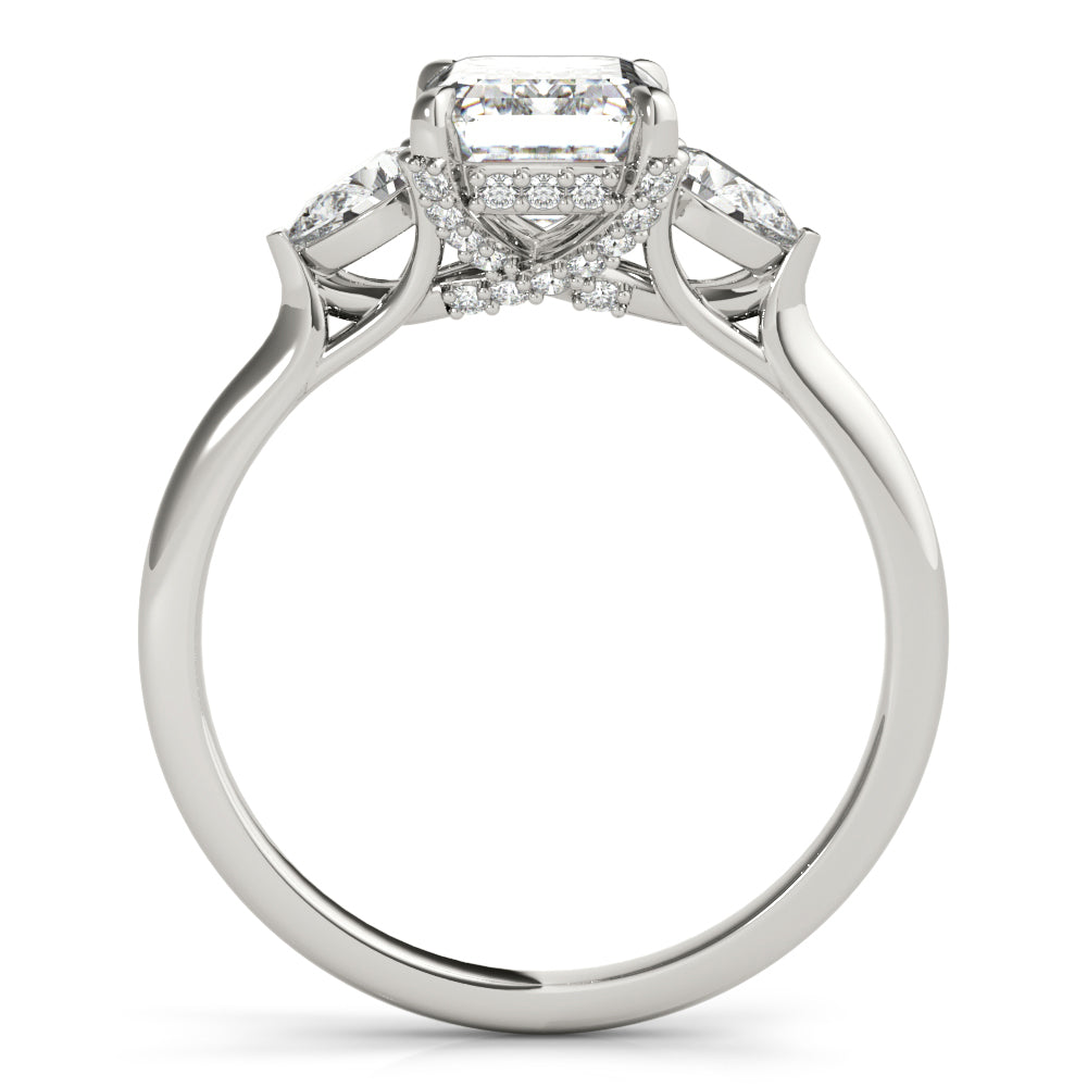 LUMEO Emerald Three Stone Diamond Engagement Ring Side View in Platinum 