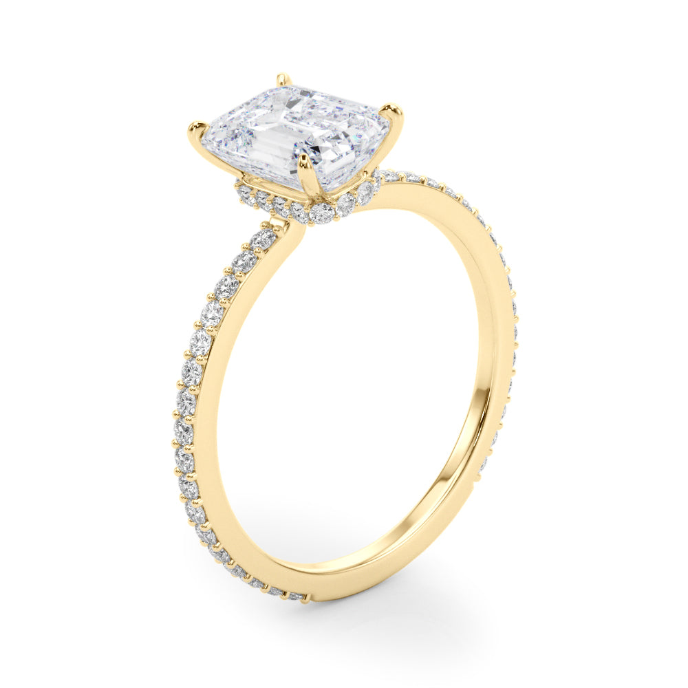 LUMEO Emerald Hidden Halo Diamond Engagement Ring Angle View in 18k Solid Yellow Gold 