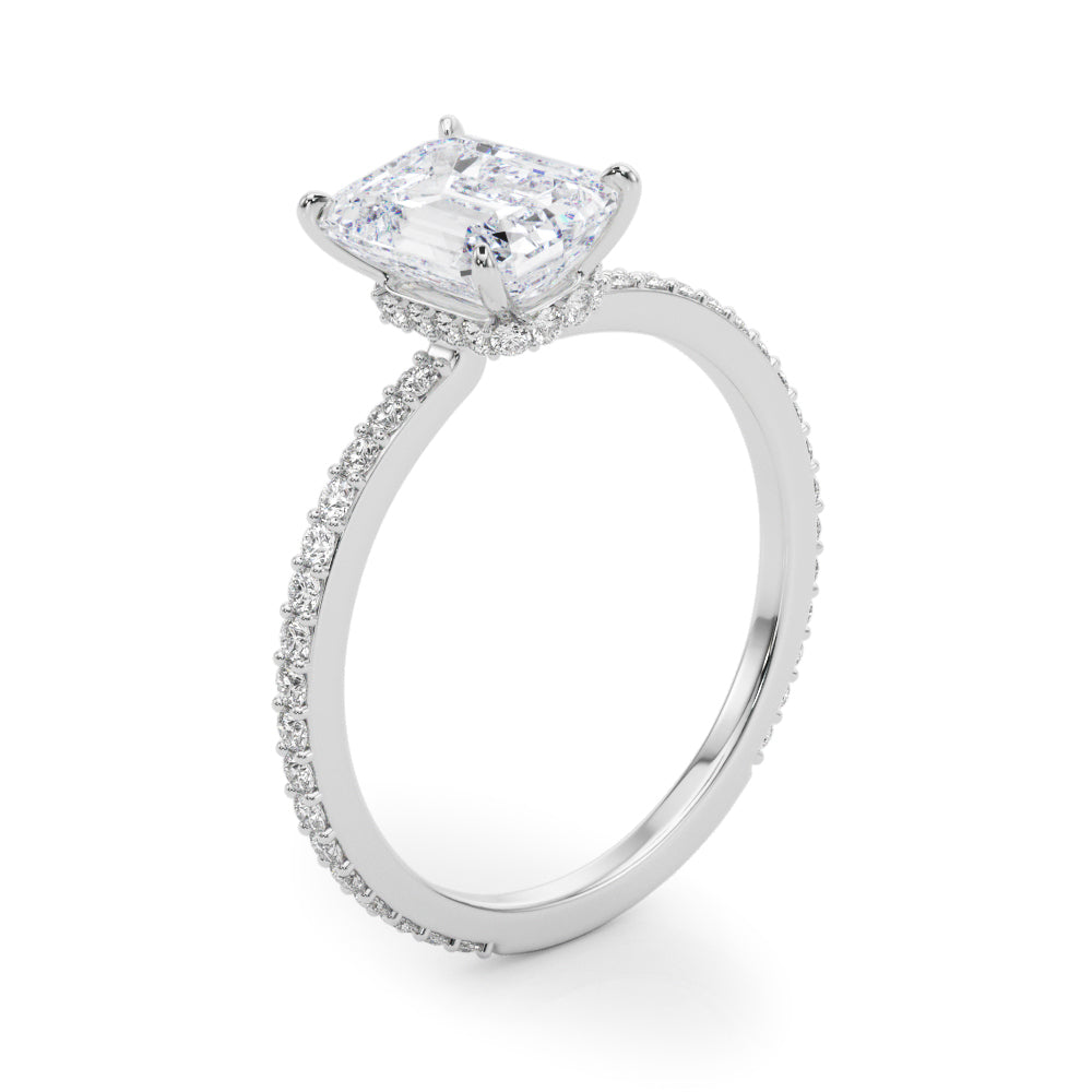 LUMEO Emerald Hidden Halo Diamond Engagement Ring Angle View in Platinum 