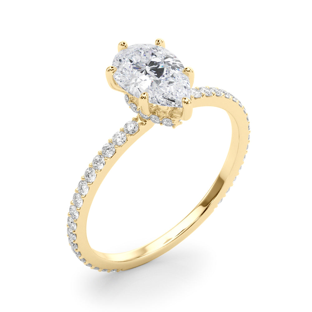 LUMEO Pear Hidden Halo Diamond Engagement Ring Angle View in 18k Solid Yellow Gold 