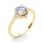 LUMEO Round Three Stone Diamond Engagement Ring Angle View in 18k Solid Yellow Gold 