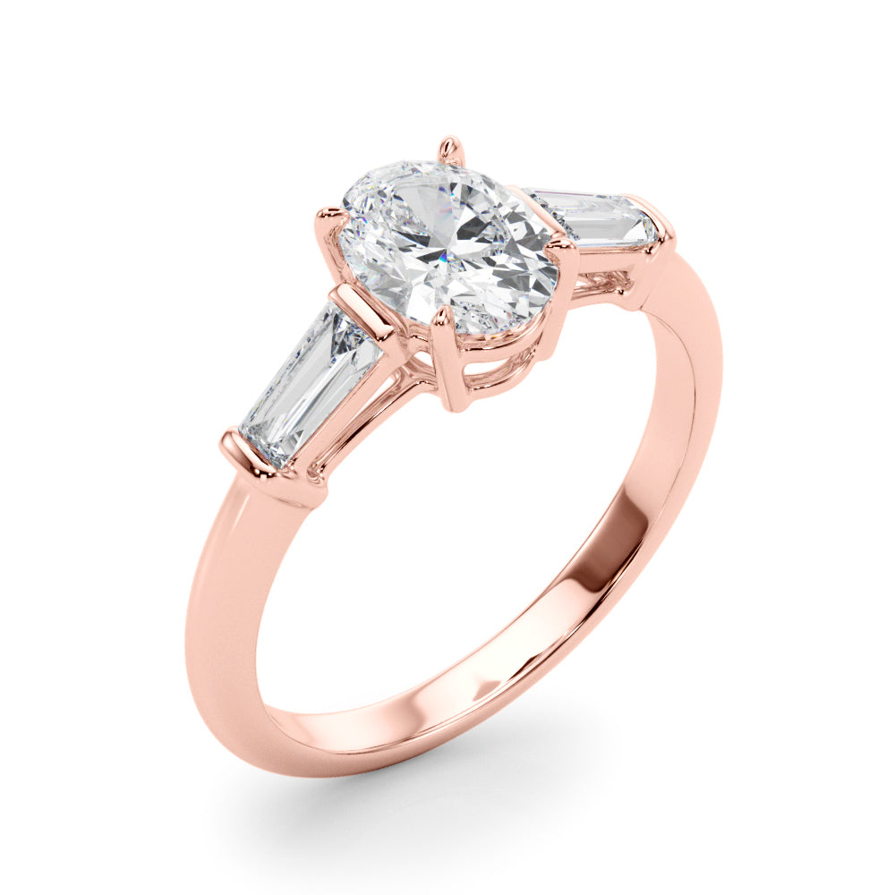 LUMEO Oval Three Stone Diamond Engagement Ring Angle View in 18k Solid Rose Gold 
