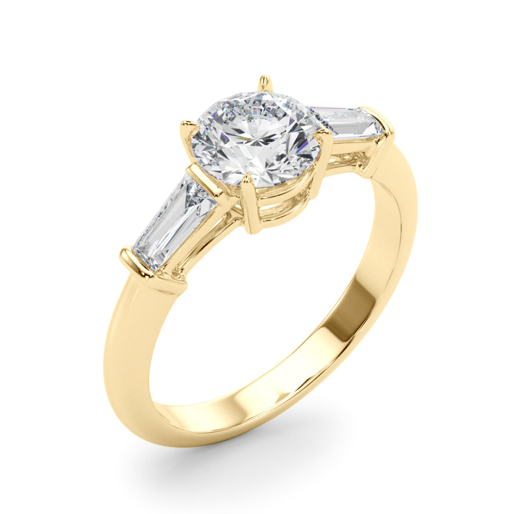 LUMEO Round Three Stone Diamond Engagement Ring Angle View in 18k Solid Yellow Gold 