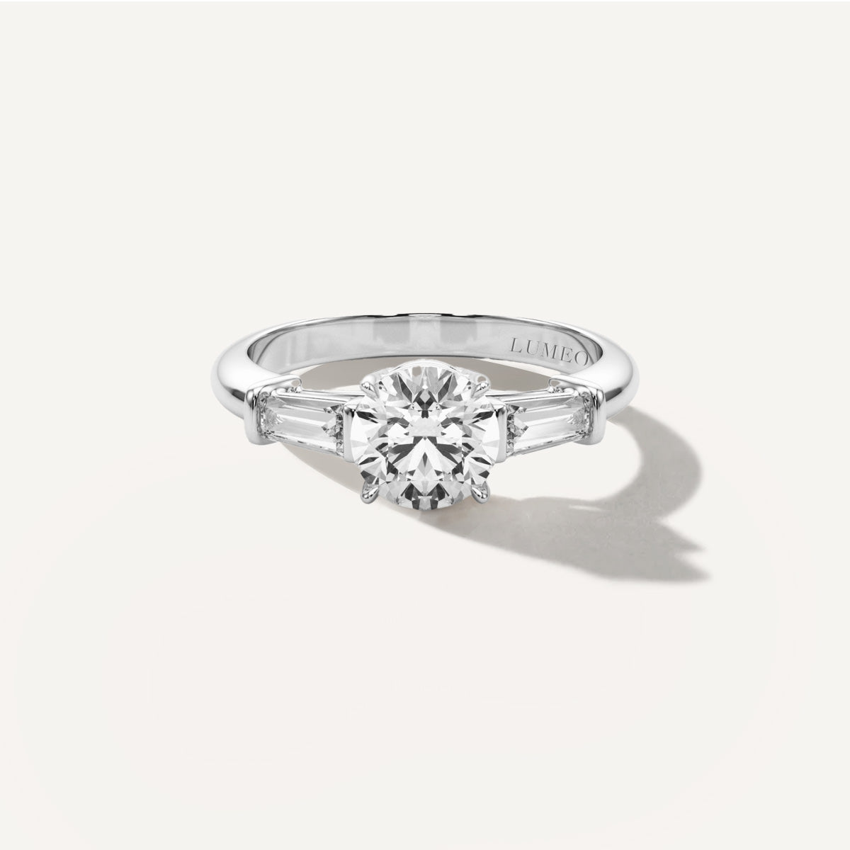 Round Three Stone Diamond Engagement Ring Front View in Platinum or 18k Solid White Gold 