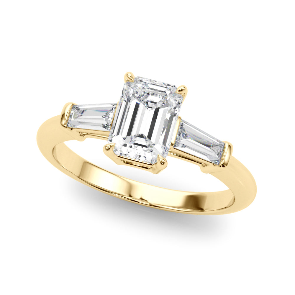 LUMEO Emerald Three Stone Diamond Engagement Ring Front View in 18k Solid Yellow Gold 