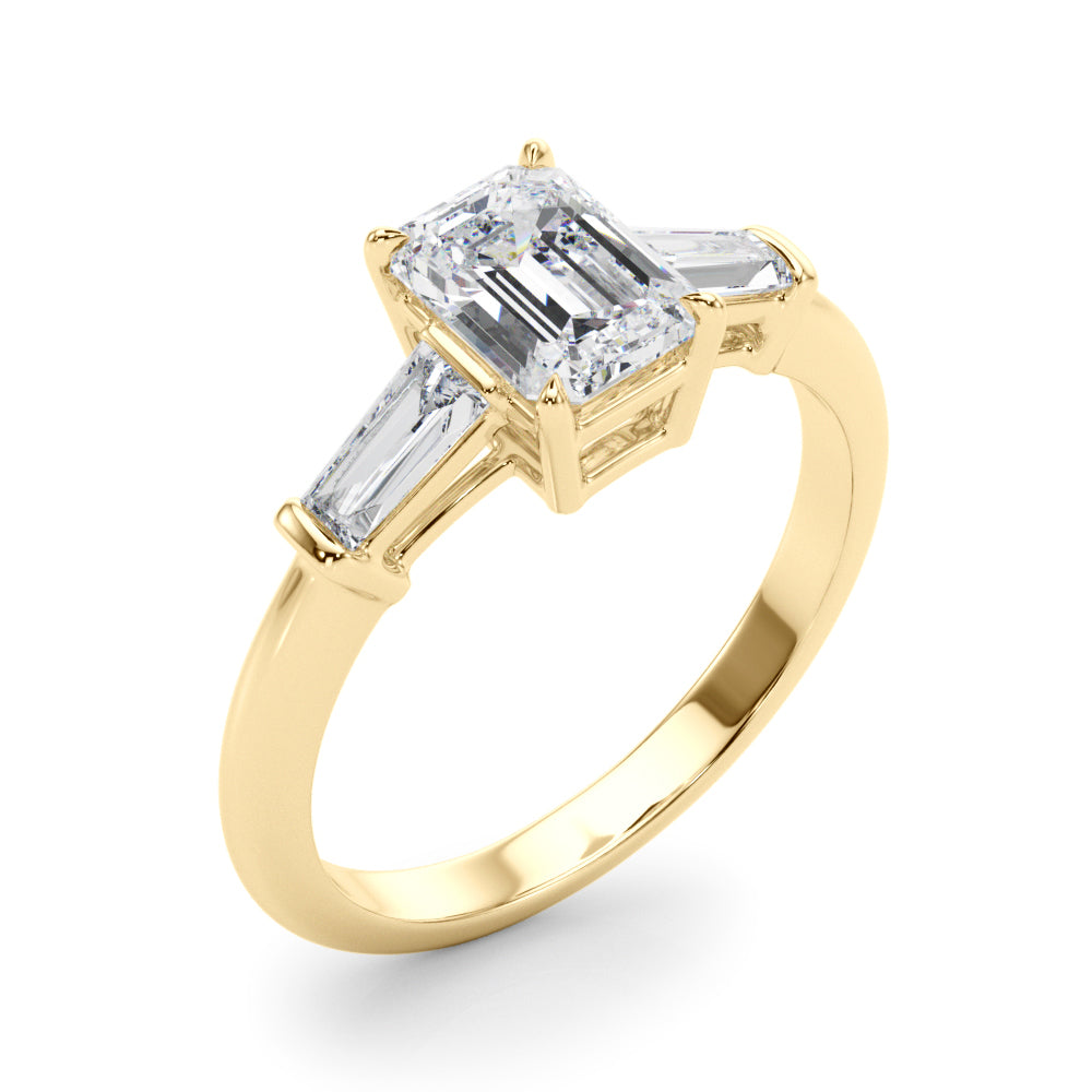LUMEO Emerald Three Stone Diamond Engagement Ring Angle View in 18k Solid Yellow Gold 