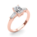 LUMEO Emerald Three Stone Diamond Engagement Ring Angle View in 18k Solid Rose Gold 