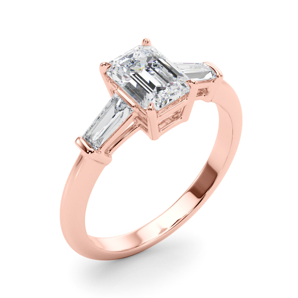 LUMEO Emerald Three Stone Diamond Engagement Ring Angle View in 18k Solid Rose Gold 