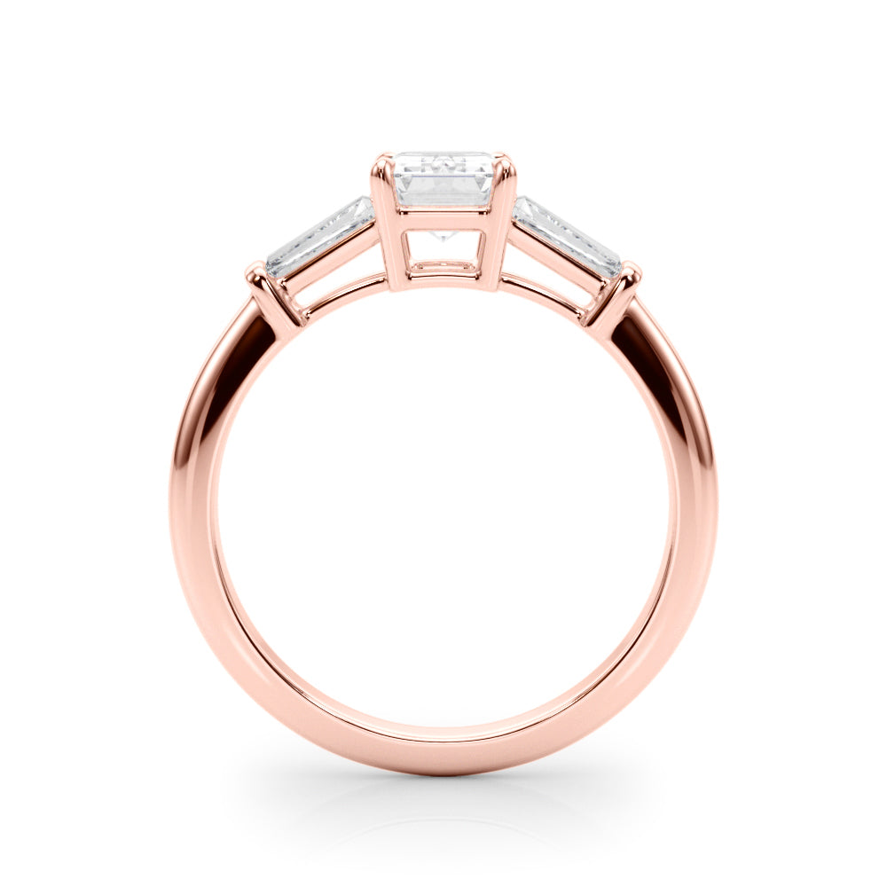 Emerald Three Stone Diamond Engagement Ring Side View in 18k Solid Rose Gold 