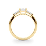 Emerald Three Stone Diamond Engagement Ring Side View in 18k Solid Yellow Gold 