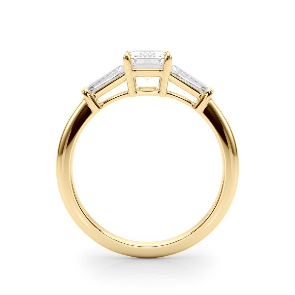 Emerald Three Stone Diamond Engagement Ring Side View in 18k Solid Yellow Gold 