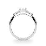 Emerald Three Stone Diamond Engagement Ring Side View in Platinum or 18k Solid White Gold 