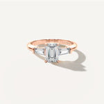 Emerald Three Stone Diamond Engagement Ring Front View in 18k Solid Rose Gold 